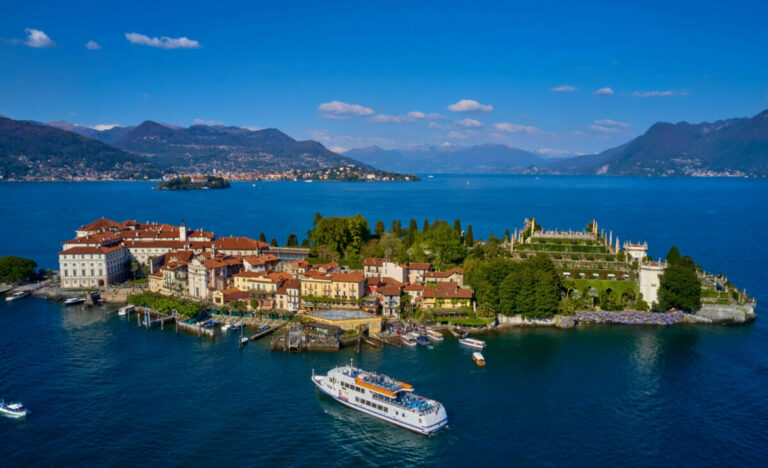 The famous island of Isola Bella. Aerial photography with drone, lake Maggiore, Italy.