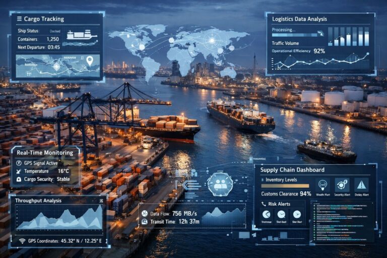 Hub logistico marittimo digitale al crepuscolo